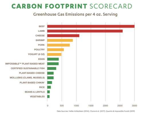 a chart demonstrating the carbon foot print of animal foots compared to plant based foods 